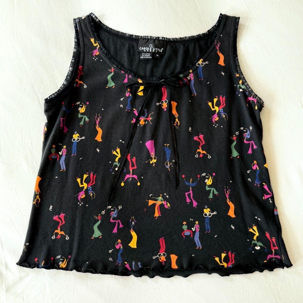 Carole Little Sport Vintage 90s Novelty Print Tank Top Black Abstract Art Medium
